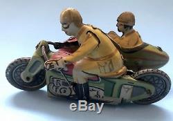 Vintage Penny Tin Toy Motorcycle with Driver/Side Car. Made By Paya-Spain. 1936