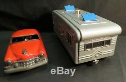 Vintage Red Friction Car with Silver Camper Trailer, Japan