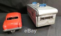 Vintage Red Friction Car with Silver Camper Trailer, Japan