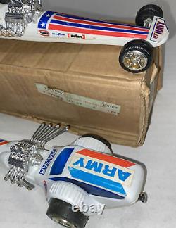 Vintage Roxy Toys Army Navy Pull String Drag Racing Cars withBox Hong Kong