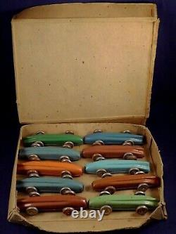 Vintage Shop Box of 10 Tin race car Penny Toys, Bluebird, Golden Arrow Wells