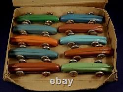 Vintage Shop Box of 10 Tin race car Penny Toys, Bluebird, Golden Arrow Wells