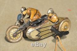 Vintage Small Litho Police Fire Sparkle Side Car Motorcycle Tin Toy, Germany