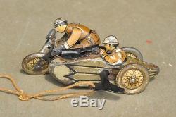 Vintage Small Litho Police Fire Sparkle Side Car Motorcycle Tin Toy, Germany