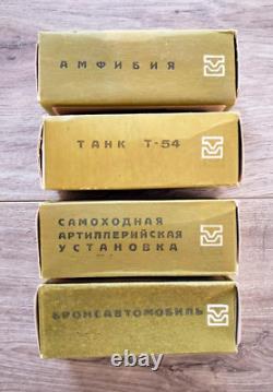 Vintage Soviet Metal Children Toy Military Tank T-54, Amphibia, SAU, Armored car