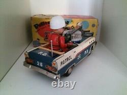 Vintage TINPLATE Police Patrol Car Nomura TN Toys Battery Op 1960s Japan + BOX