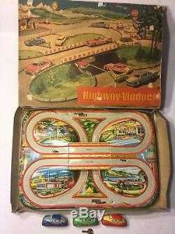 Vintage Technofix 298 Highway Viaduct tin litho toy with Original Box and 3 Cars