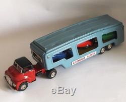 Vintage Tin Automobile Carrier GMC, SSS made in Japan, 16 4/5 inch & 3 Tin Cars