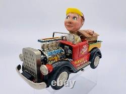 Vintage Tin Litho Battery Operated Bandai Tin Toy Car Pinkee The Farmer