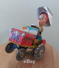 Vintage Tin Litho Wind Up 1940's Toy Car Jeep COWBOY Unique Art Rodeo Joe