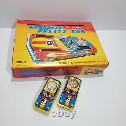 Vintage Tin Plate Friction Roulette Pretty Car XE-5 Box with 22 Cars Japan RARE