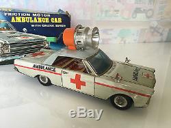 Vintage Tin Toy Masudaya MT Modern Toys Ambulance Ford Car Crank Siren Japan BOX