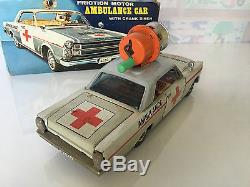 Vintage Tin Toy Masudaya MT Modern Toys Ambulance Ford Car Crank Siren Japan BOX