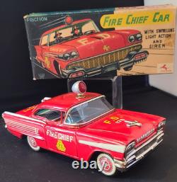 Vintage Tin Toy Oldsmobile Fire Chief Car and Box Friction Japan Nice Example