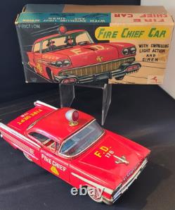 Vintage Tin Toy Oldsmobile Fire Chief Car and Box Friction Japan Nice Example