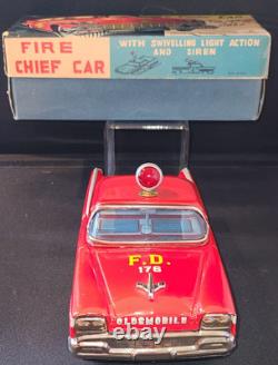 Vintage Tin Toy Oldsmobile Fire Chief Car and Box Friction Japan Nice Example