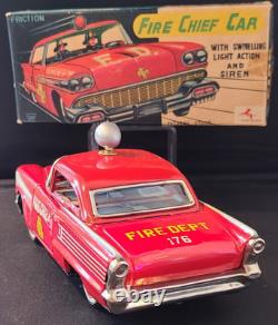 Vintage Tin Toy Oldsmobile Fire Chief Car and Box Friction Japan Nice Example