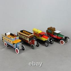 Vintage Tin Toy Vehicle Lot Bus Truck Spring-Loaded Transport Car