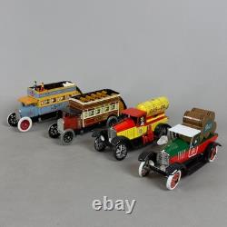 Vintage Tin Toy Vehicle Lot Bus Truck Spring-Loaded Transport Car