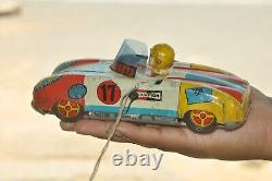 Vintage Wind Up Porsche No. 17 Champion Litho Sports Car Tin Toy