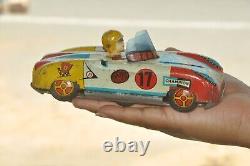 Vintage Wind Up Porsche No. 17 Champion Litho Sports Car Tin Toy