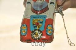 Vintage Wind Up Porsche No. 17 Champion Litho Sports Car Tin Toy