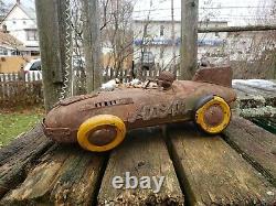 Vtg. 1950s Japan Yonezawa Atom Racer Tin Friction Race Car Rusty Gold