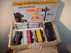Vtg 40s 50s MARX MECHANICAL TRAIN SET Wind Up Tin Litho Toy In Box Track 3 Cars