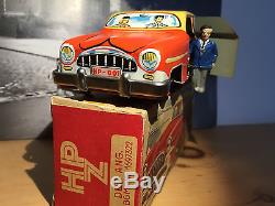 WESTERN GERMANY WIND UP TIN CAR STOPS, DRIVER COMES OUT, DRIVE AWAY ORIG. BOX